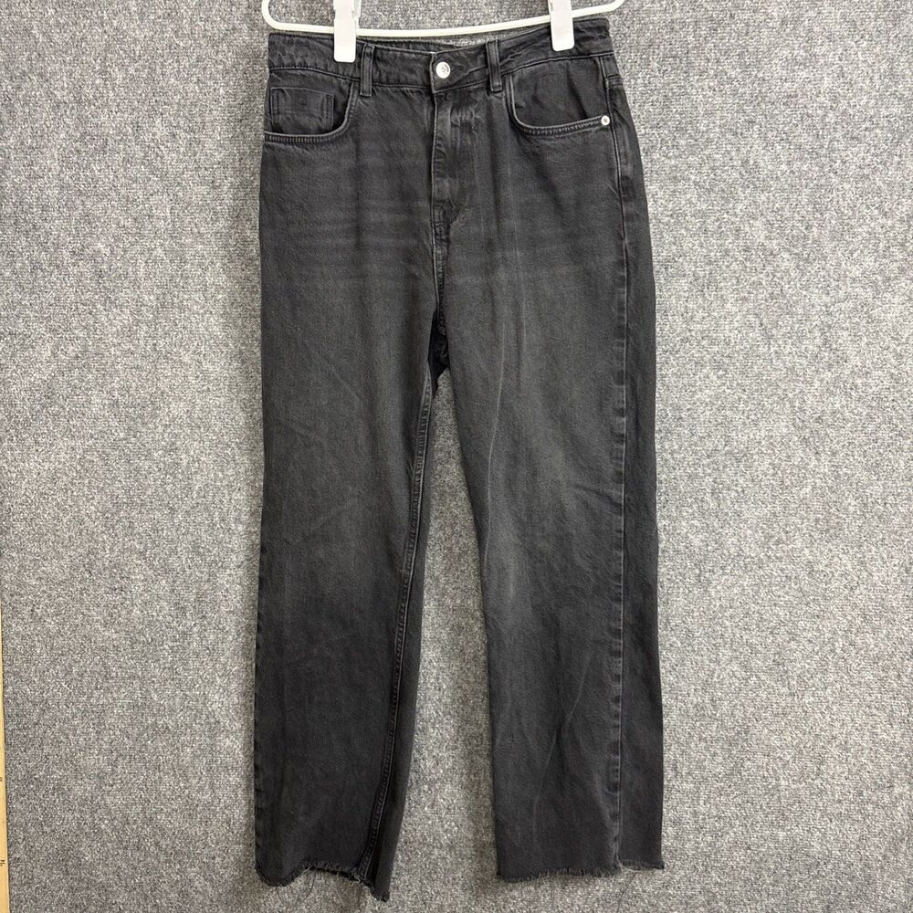 Zara Wide Leg Crop Raw Hem Jeans Womens Size 8 Black Stretch Flap